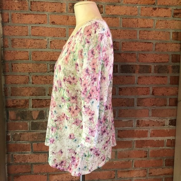 J. Jill Sweater Womens Medium Pink Floral Linen Blend Lightweight 3/4 Sleeves - Picture 6 of 11